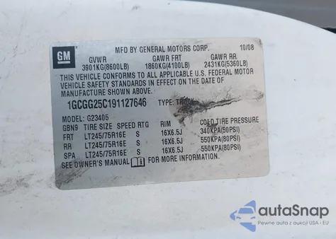 2009 Chevrolet Express G2500 Work Van from USA, damaged, VIN 1GCGG25C191127646